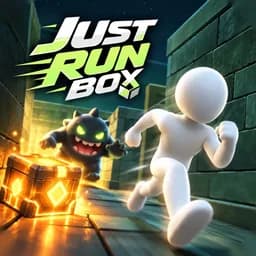 Just Run Box 앱 아이콘 — 빛나는 상자를 지나 달리는 하얀 러너와 뒤쫓는 괴물